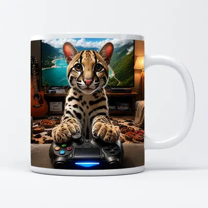 Ocelot Playing Video Game Controller Cozy Room