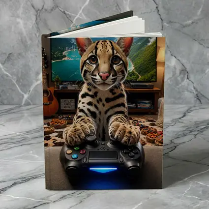 Ocelot Playing Video Game Controller Cozy Room