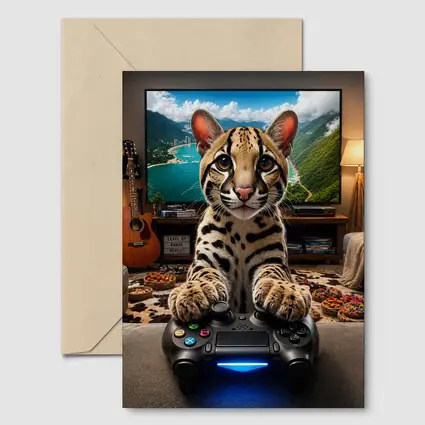 Ocelot Playing Video Game Controller Cozy Room