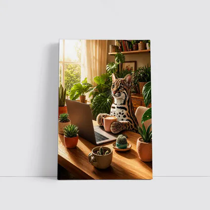 Ocelot Working at Laptop Cozy Plant Room