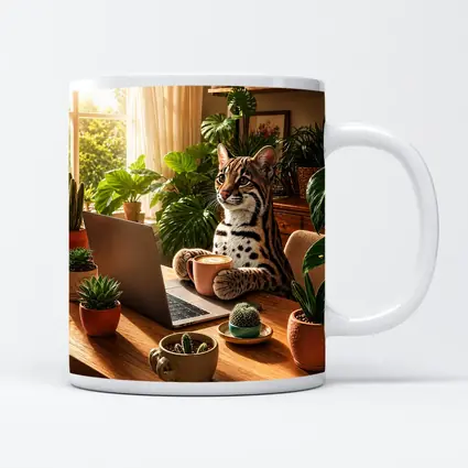 Ocelot Working at Laptop Cozy Plant Room