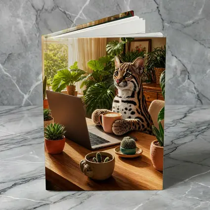 Ocelot Working at Laptop Cozy Plant Room