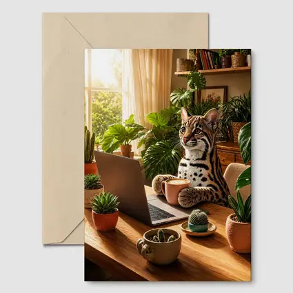 Ocelot Working at Laptop Cozy Plant Room