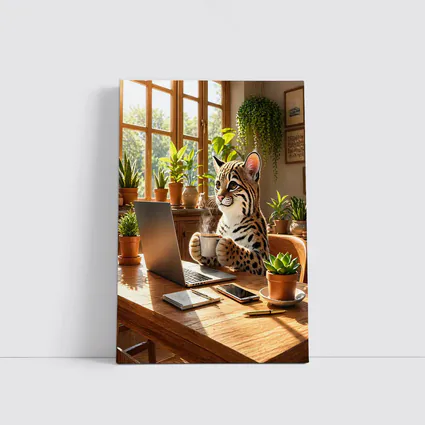 Ocelot Drinking Coffee at Laptop Desk