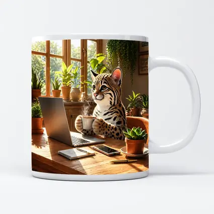 Ocelot Drinking Coffee at Laptop Desk