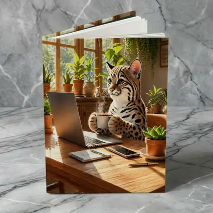 Ocelot Drinking Coffee at Laptop Desk
