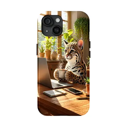 Ocelot Drinking Coffee at Laptop Desk