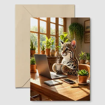 Ocelot Drinking Coffee at Laptop Desk