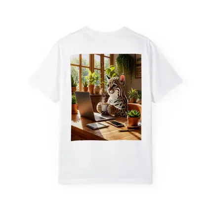 Ocelot Drinking Coffee at Laptop Desk