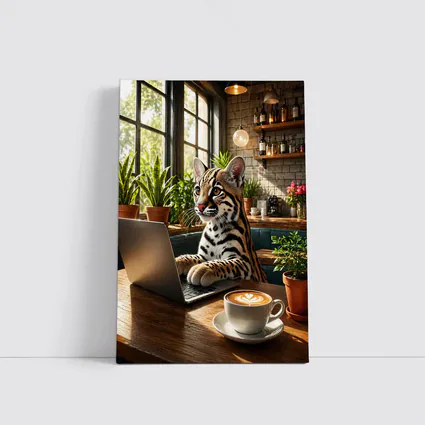 Ocelot Working on Laptop in Cozy Cafe