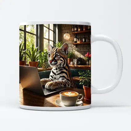 Ocelot Working on Laptop in Cozy Cafe