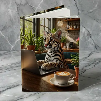 Ocelot Working on Laptop in Cozy Cafe