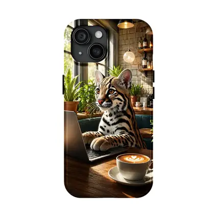 Ocelot Working on Laptop in Cozy Cafe