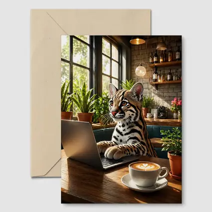 Ocelot Working on Laptop in Cozy Cafe