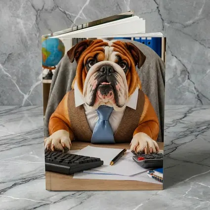Bulldog Wearing Tie At Office Desk