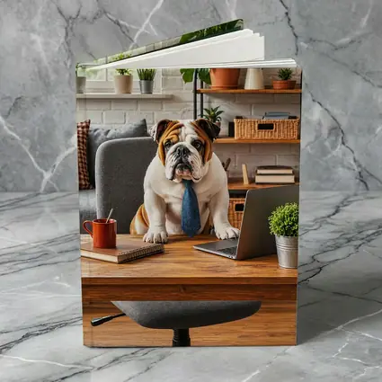 English Bulldog Wearing Tie At Office Desk