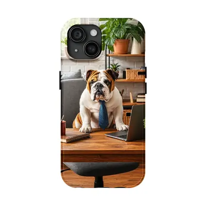 English Bulldog Wearing Tie At Office Desk