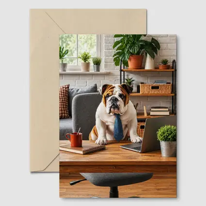 English Bulldog Wearing Tie At Office Desk