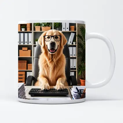 Golden Retriever Office Worker At Computer Desk