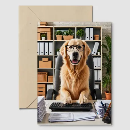 Golden Retriever Office Worker At Computer Desk