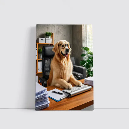 Golden Retriever Boss Sitting at Office Desk