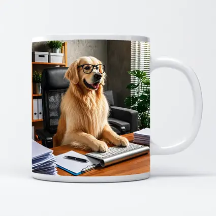 Golden Retriever Boss Sitting at Office Desk