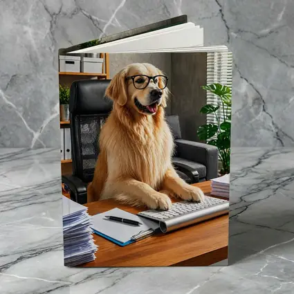 Golden Retriever Boss Sitting at Office Desk