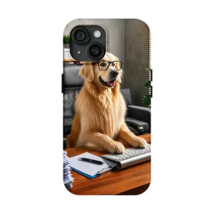 Golden Retriever Boss Sitting at Office Desk
