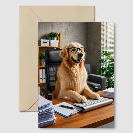 Golden Retriever Boss Sitting at Office Desk