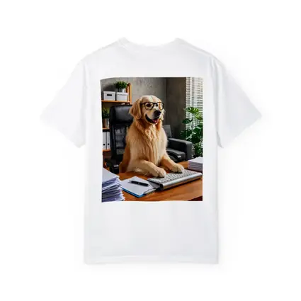 Golden Retriever Boss Sitting at Office Desk