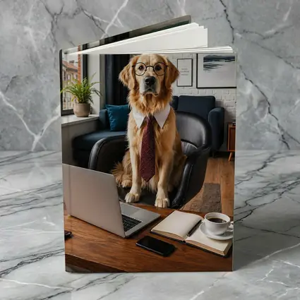 Golden Retriever Wearing Glasses Office Setting