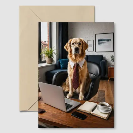Golden Retriever Wearing Glasses Office Setting