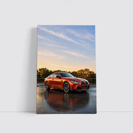 BMW M4 Orange Coupe Wet Parking Lot