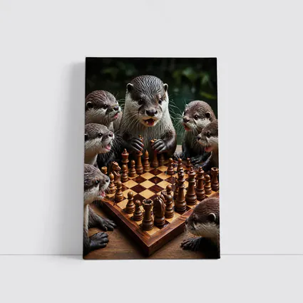 Otters Playing Chess on Wooden Board
