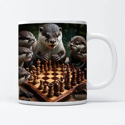 Otters Playing Chess on Wooden Board