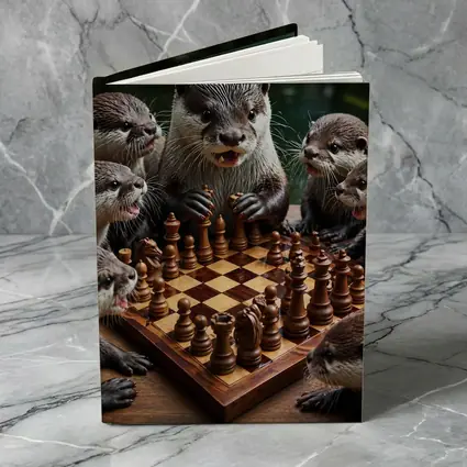 Otters Playing Chess on Wooden Board