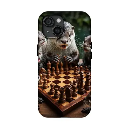 Otters Playing Chess on Wooden Board