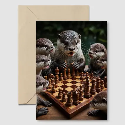 Otters Playing Chess on Wooden Board