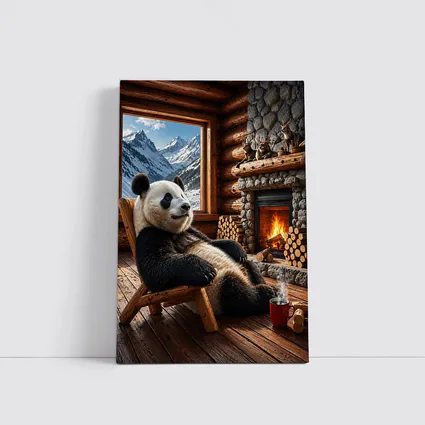 Panda Relaxing By Cozy Mountain Cabin Fireplace
