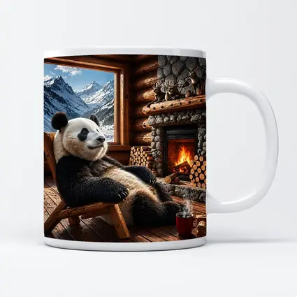 Panda Relaxing By Cozy Mountain Cabin Fireplace