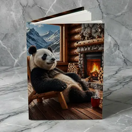 Panda Relaxing By Cozy Mountain Cabin Fireplace