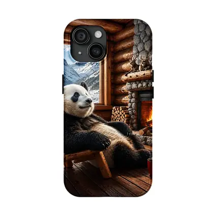 Panda Relaxing By Cozy Mountain Cabin Fireplace