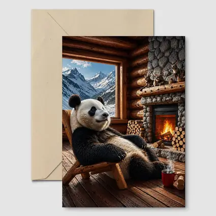 Panda Relaxing By Cozy Mountain Cabin Fireplace