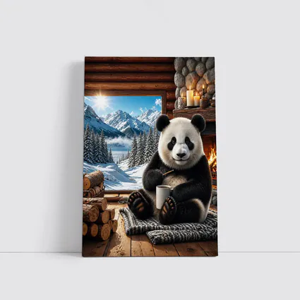 Cozy Panda by Fireplace Snowy Mountains