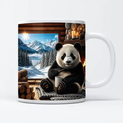 Cozy Panda by Fireplace Snowy Mountains