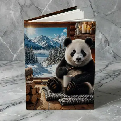 Cozy Panda by Fireplace Snowy Mountains