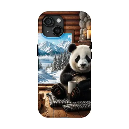 Cozy Panda by Fireplace Snowy Mountains