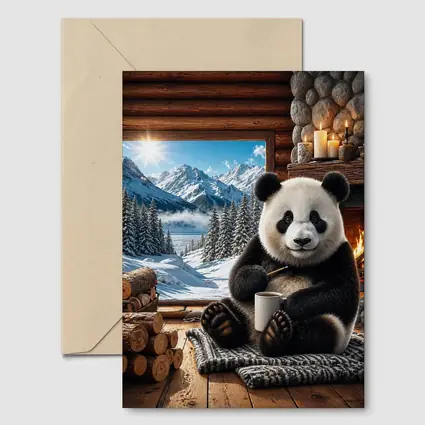 Cozy Panda by Fireplace Snowy Mountains