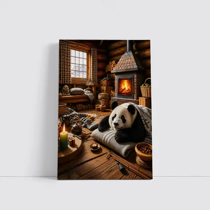 Panda Resting By Cozy Cabin Fireplace