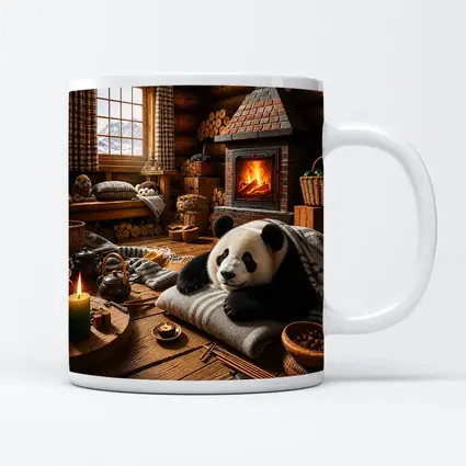 Panda Resting By Cozy Cabin Fireplace